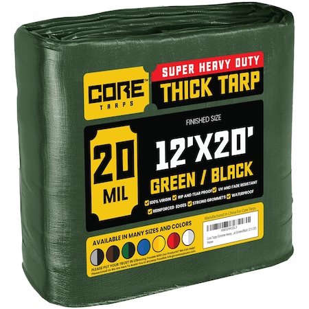 Core Tarps Heavy Duty Tarp, 20 ft L x 0.5 mm H x 12 ft W, 20 Mil, Green/Black, Polyethylene CT-703-12X20